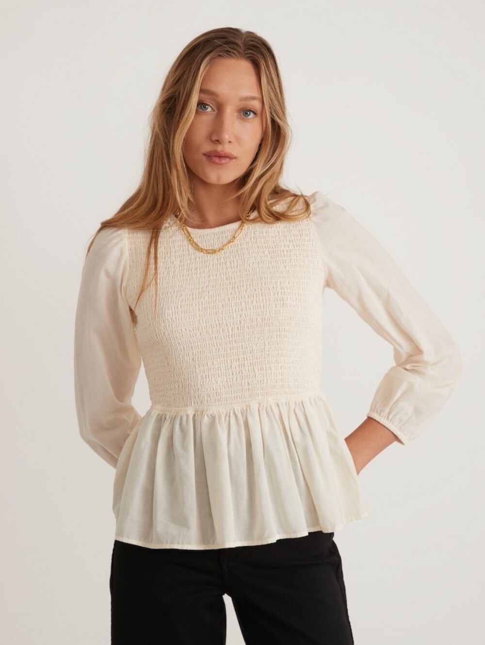 Marine Layer Gabrielle Smock Top, Long Sleeve Smocked Bodice Peplum Top XS Cream